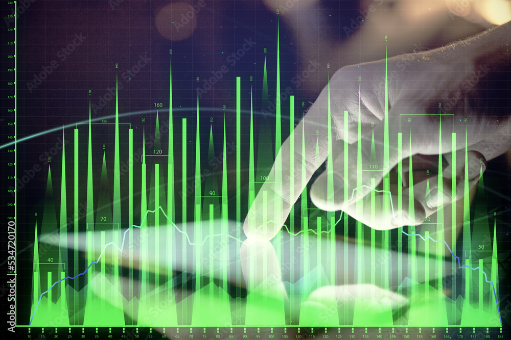 Poster double exposure of man's hands holding and using a digital device and forex graph drawing. financial