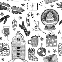Christmas seamless pattern. Hand-drawn in the style of engraving