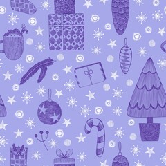 Seamless pattern for Christmas. Hand-drawn in the style of engraving. Christmas background with Christmas tree, gifts, Christmas decorations and snowflakes
