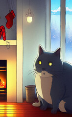 Cute Christmas cat with new year holiday interior on background, cartoon illustration