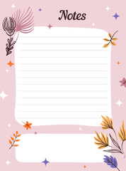 Fototapeta na wymiar Cute autumn diary page template with lines for notes. Notebook, planner paper sheet design for girls. Blank to do list for notepad with fall leaves and flowers. Color flat vector illustration