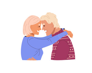 Happy elderly couple embracing looking at each other with care and love. Cheerful aged man and woman dancing. Smiling senior people in romantic relationship. Flat graphic vector illustration