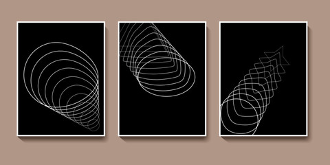 Black and white retro futuristic posters set. Geometric minimal wall art. Vector abstract minimalist design