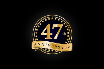 47th anniversary golden gold logo with gold ring and ribbon isolated on black background, vector design for celebration.