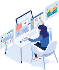 Isometric working designer character girl at the computer