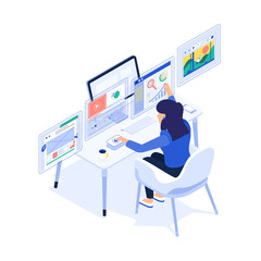 Isometric working designer character girl at the computer
