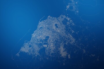 Stylized map of the streets of Luanda (Angola) made with white lines on abstract blue background lit by two lights. Top view. 3d render, illustration
