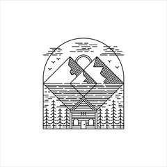 cottage with mountain, river and pine tree in line art style logo design. cabin logo design