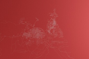 Map of the streets of Djibouti made with white lines on red paper. Top view, rough background. 3d render, illustration