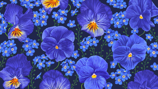 Large floral background with blue flowers Pansies and Forget-me-not on dark background in desktop wallpaper for computer, tablet, cell phone, social media cover. Realistic highly detailed plant