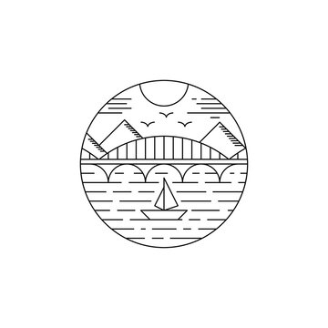 recommend clip art: bridge with mountain and sailboat in line art style logo design. bridge badge line art logo