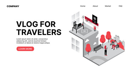 Vlog for Travelers. Vlogging. Horizontal Web Landing Page. Vector illustration