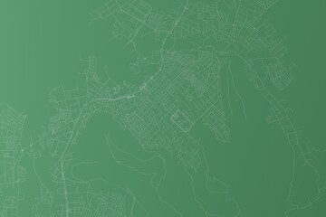 Stylized map of the streets of Port Louis (Mauritius) made with white lines on green background. Top view. 3d render, illustration - obrazy, fototapety, plakaty