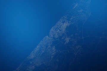 Stylized map of the streets of Rabat (Morocco) made with white lines on abstract blue background lit by two lights. Top view. 3d render, illustration