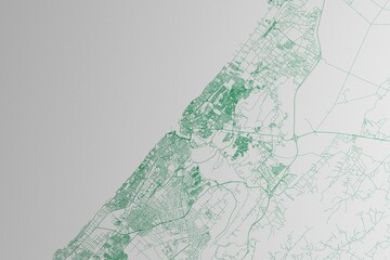 Map of the streets of Rabat (Morocco) made with green lines on white paper. 3d render, illustration