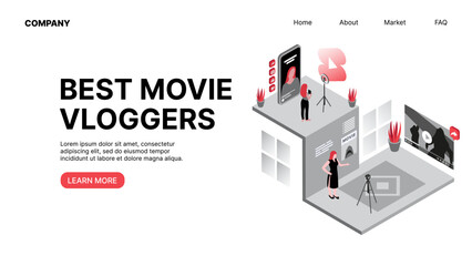 Best Movie Vloggers. Vlogging. Horizontal Web Landing Page. Vector illustration