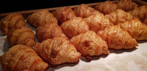 Fresh Baked Croissants. Warm Fresh Buttery Croissants and Rolls. French and American Croissants and Baked Pastries