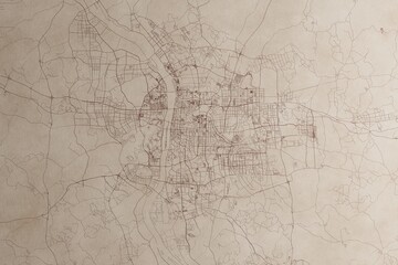 Map of Changsha (China) on an old vintage sheet of paper. Retro style grunge paper with light coming from right. 3d render