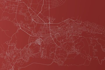 Map of the streets of Dalian (China) made with white lines on red background. Top view. 3d render, illustration