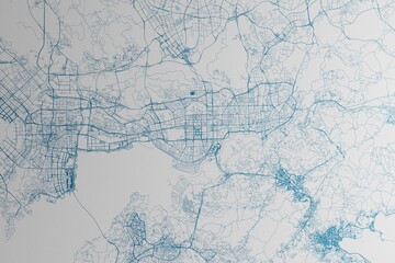 Map of the streets of Shenzhen (China) made with blue lines on white paper. 3d render, illustration