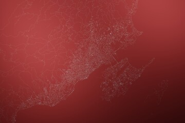 Map of the streets of Cebu (Philippines) made with white lines on abstract red background lit by two lights. Top view. 3d render, illustration