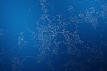 Stylized map of the streets of Mecca (Saudi Arabia) made with white lines on abstract blue background lit by two lights. Top view. 3d render, illustration