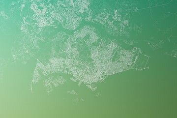 Map of the streets of Singapore made with white lines on yellowish green gradient background. Top view. 3d render, illustration
