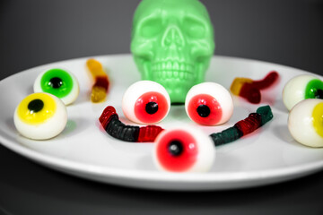 A plate full of eyeballs and candy worms and a skull on a dark gray background.