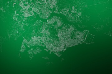 Map of the streets of Singapore made with white lines on abstract green background lit by two lights. Top view. 3d render, illustration