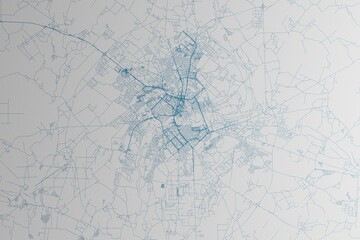 Map of the streets of Mogilev (Belarus) made with blue lines on white paper. 3d render, illustration
