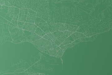 Stylized map of the streets of Varna (Bulgaria) made with white lines on green background. Top view. 3d render, illustration