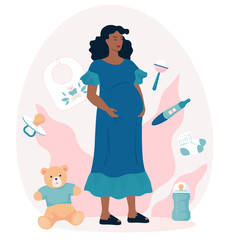 Pregnant beautiful woman. Pregnancy concept. Maternity background. Poster. Rattle, bottle, teddy bear on the background. Flat vector illustration.
