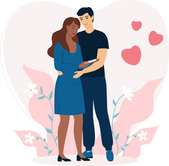 Man and woman hugging and holding positive pregnancy test. Happy future parents. Pregnancy concept. Poster. Flat vector illustration.