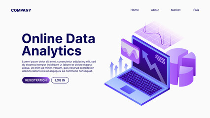 Online Data Analytics. Data Analyse. Landing Page Template. Vector illustration
