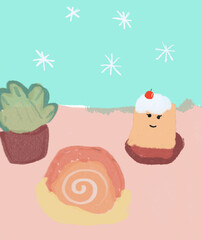 Crack roll and cupcake with cactus.