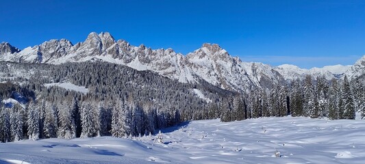winter landscape with snow in Sella di Razzo on the Dolomites