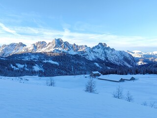 snow covered mountains in Sella di Razzo on the Dolomites