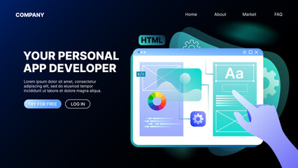 Fototapeta premium Personal App Developer Advertisement Banner. Horizontal Landing Page Template. Vector illustration