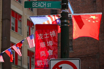 Celebrating National Days of China and Taiwan at Boston Chinatown. The red sign said 