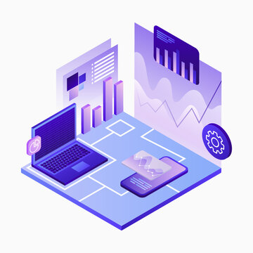 Multiplatform Data Analytics Illustration. Data Analyse. System Architecture. White Template. Vector illustration