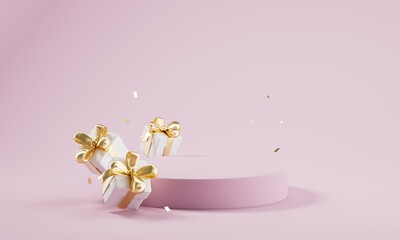  Christmas 3d style Product podium scene with flying falling white gift box with gold bow.3d illustration.