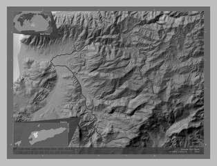 Ermera, East Timor. Grayscale. Labelled points of cities