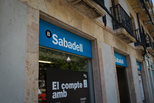 Tarragona, Spain - June 01, 2022: Sabadell logo on Sabadell's bank branch office.
