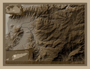 Ermera, East Timor. Sepia. Labelled points of cities