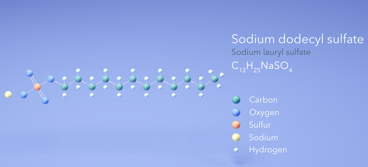 sodium dodecyl sulfate, molecular structures, Sodium lauryl sulfate, 3d model, Structural Chemical Formula and Atoms with Color Coding