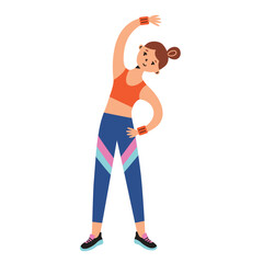 Girl in sportswear training, doing fitness exercises, woman working out in gym, sport outfit icon, vector illustration of healthy lifestyle, sports bra, leggings, wrist weights, isolated clipart