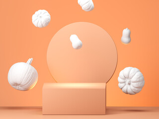 Halloween decorations on pastel color background. Podium or pedestal with pumpkins for products display or advertising for autumn holidays. 3d illustration for fall. Flying pumpkins on scene. 