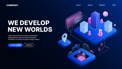 We Develop New Worlds. Metaverse. Landing Page Template. Vector illustration