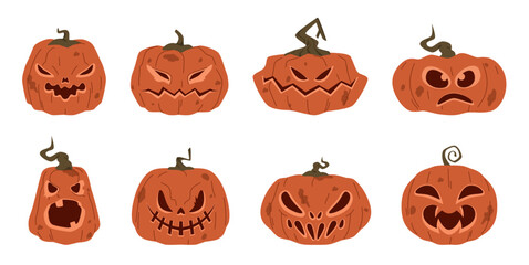 Pumpkins set. Flat cartoon vector illustration on isolated white background