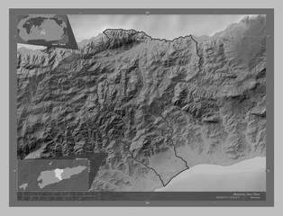 Manatuto, East Timor. Grayscale. Labelled points of cities